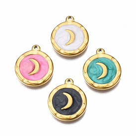 304 Stainless Steel Pendants, with Enamel, Flat Round with Moon, Golden