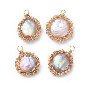 Colgantes de perlas keshi de perlas barrocas naturales, perla cultivada de agua dulce, con alambre de cobre ecológico, plano y redondo, dorado