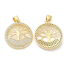 Rack Plating Brass Pendants, with Cubic Zirconia, Round with Tree
