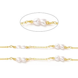 Laiton chaînes de liaison de barre, avec cœur perlé en plastique ABS imitation perle, soudé, avec bobine