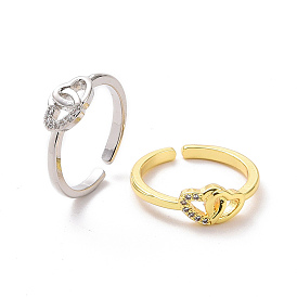 Clear Cubic Zirconia Interlocking Heart Open Cuff Ring, Brass Jewelry for Valentine's Day