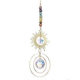 Sun Brass Hanging Suncatchers, with Glass Pendants and Chakra Mixed Gemstone Beads