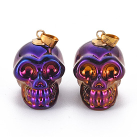 Electroplate K9 Glass Pendants, with Golden Plated Brass Bails, Skull, Halloween