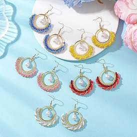 Плоские круглые стеклянные серьги-подвески, с абс пластмассовой имитационной жемчужиной, золотые