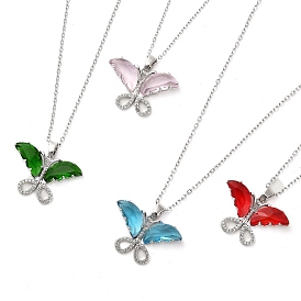 Butterfly Platinum Brass Micro Pave Cubic Zirconia Pendant Necklaces, with Glass