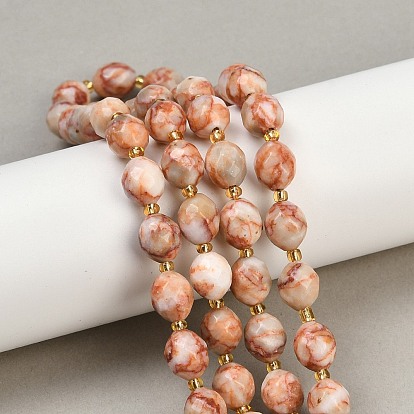 Бусы из натурального красного камня, граненые, овальные, с бисером