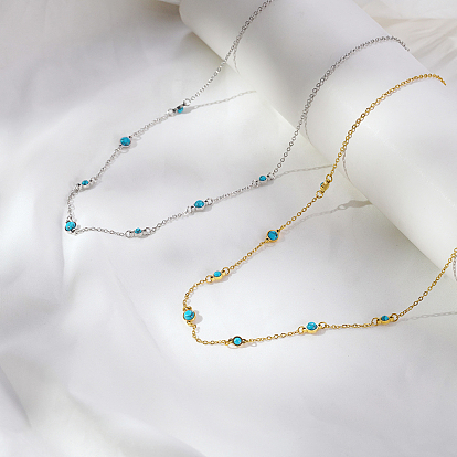 Vintage Synthetic Blue Turquoise 304 Stainless Steel Flat Round Link Chain Necklaces for Women