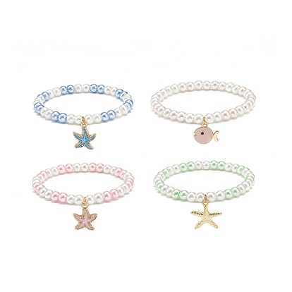 4Pcs 4 Styles Ocean Theme Alloy Enamel Stretch Charm Bracelets, with Round Glass Beads, Starfish/Fish, Golden
