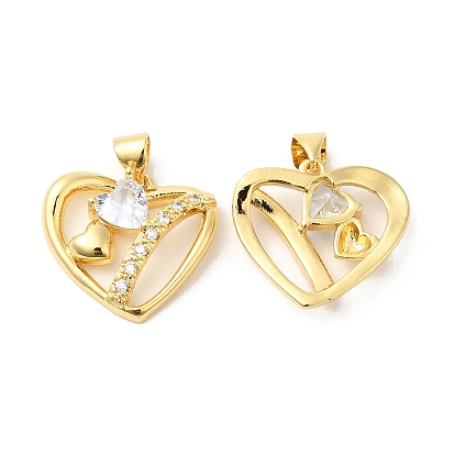 Brass Micro Pave Clear Cubic Zirconia Pendants, Cadmium Free & Lead Free, Heart Charms