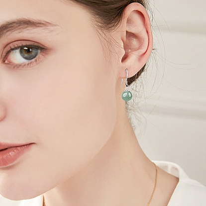 Natural Jadeite Round Ball Dangle Earrings, with 925 Sterling Silver Pins