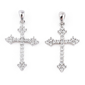 Rhodium Plated 925 Sterling Silver Micro Pave Clear Cubic Zirconia Pendants, Religion Cross Charms wit 925 Stamp