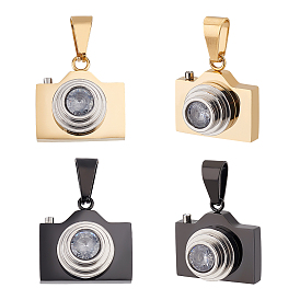 4Pcs 2 Colors 304 Stainless Steel Pave Clear Cubic Zirconia Pendants, Camera