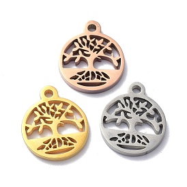 304 Stainless Steel Charms, Flat Round with Tree Pattern