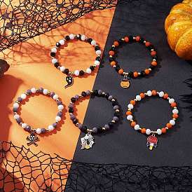5шт. наборы тянущихся браслетов из круглых стеклянных бусин на тему Хэллоуина, сплав эмали шарм браслеты