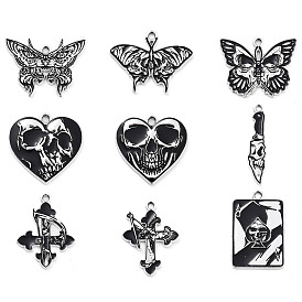 Halloween Alloy Enamel Pendants, Platinum, Heart/Skull/Rectangle/Butterfly