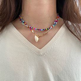 Bohemian Miyuki Multi-layer Necklace with Mixed Color Beads and Shell Pendant