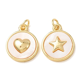 Brass Pendants, with White Shell, Flat Round Charms