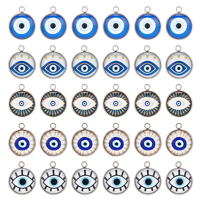 30 шт. светящиеся стеклянные подвески, с 304 фурнитурой из нержавеющей стали, плоский круглый с рисунком сглаза