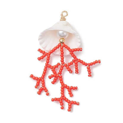 Большие подвески из стеклянных бусин и ракушек, коралловый шарм, с бусинами из синтетической бирюзы и медной проволокой