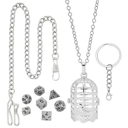 Ожерелье из латунной цепи с цепочкой из латунного кабеля, набор игральных костей из цинкового сплава, железные брелоки с разъемными кольцами и подвеска в виде птичьей клетки из латуни