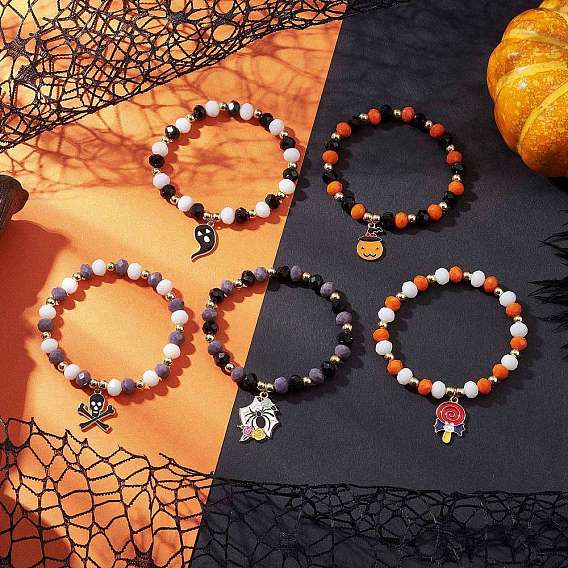 5шт. наборы тянущихся браслетов из круглых стеклянных бусин на тему Хэллоуина, сплав эмали шарм браслеты