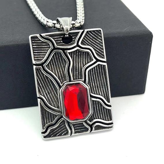 Colliers à pendentif rectangulaire texturé en acier inoxydable de style vintage avec strass rubis pour hommes