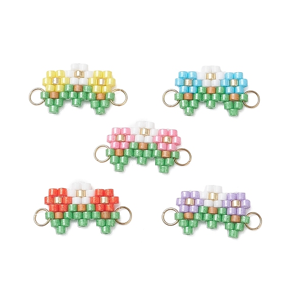 Подвески-соединители из стеклянных бусин, Подвески в виде цветов с петлями из нержавеющей стали., золотые