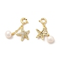 Natural Pearl Spring Ring Clasp Charms, with Brass Micro Pave Clear Cubic Zirconia Starfish Pendants