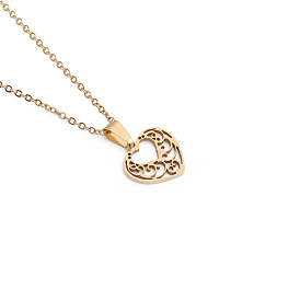 Polished Titanium Heart Pendant Necklace with Zirconia Stones - Elegant European Design