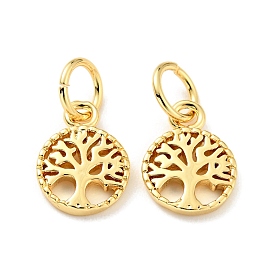 Rack Plating Brass Pendants, Flat Round with Tree of Life Pattern, with Jump Ring, Cadmium Free & Nickel Free & Lead Free