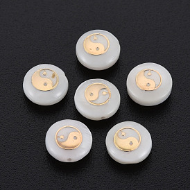 Natural Freshwater Shell Beads, with Golden Plated Brass Metal Embellishments, Flat Round with Tai Ji