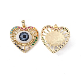 Brass Micro Pave Cubic Zirconia Pendants, with Lampwork Evil Eye, Heart with Eye Charm