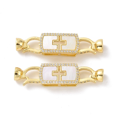 Brass Micro Pave Clear Cubic Zirconia Fold Over Clasps, with White Shell, Cadmium Free & Lead Free, Rectangle with Cross