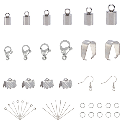 DIY 304 Stainless Steel Finding Kits, Including Cord Ends & Lobster Claw Clasps & Open Jump Rings & Eye Pin & Flat Head Pins & Ribbon Crimp Ends & Earring Hooks