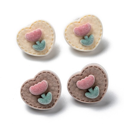 Flocky Velvet Stud Earrings, with 925 Sterling Silver Pin, Heart with Flower