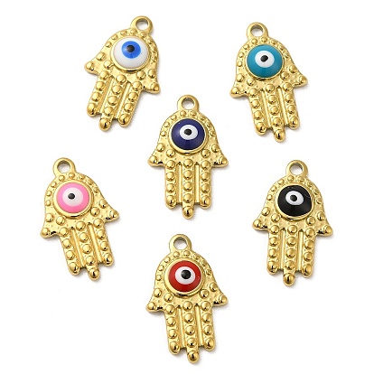 304 acier inoxydable émail pendentifs, réel 18 k plaqué or, main hamsa avec charme mauvais œil