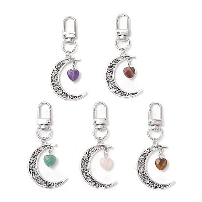 5piezas 5 estilos decoraciones colgantes de aleación de luna, Con colgantes de piedras preciosas naturales en forma de corazón y cierres de pinza de langosta de aleación.