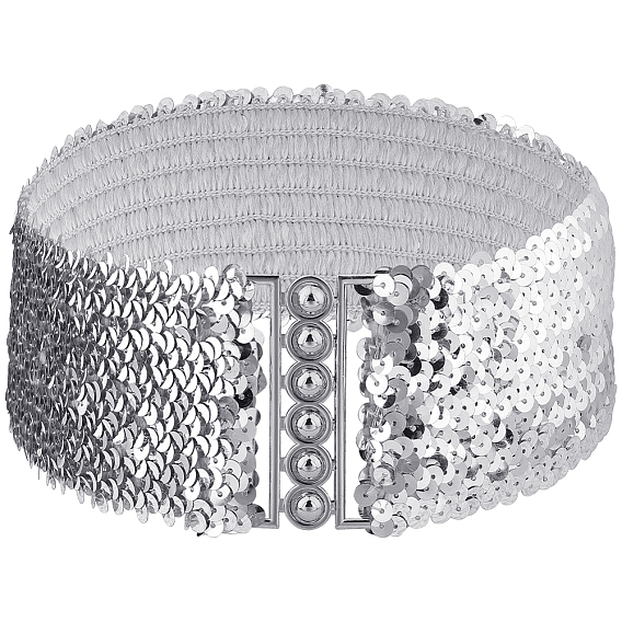 Блестящие пайетки широкие эластичные пояса для платья, Эластичные цепочные ремни из сплава для украшения женщин, платина