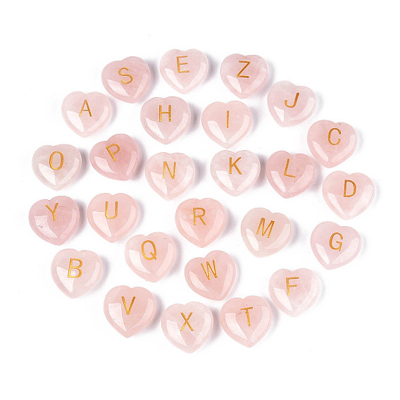 26 шт. 26 стили бусины в форме сердца из натурального розового кварца, с резной золотой буквой a~z, нет отверстий / незавершенного