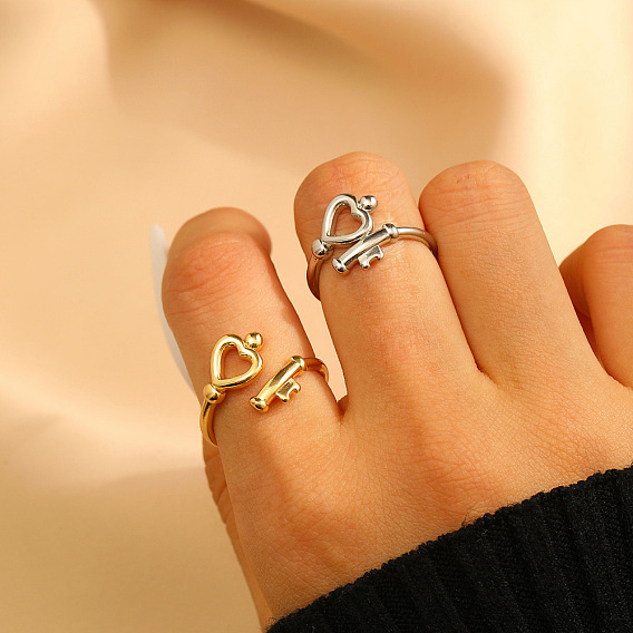 Латунные манжеты открытые кольца для женщин, Сердце ключевых