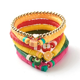Synthetic Hematite & Polymer Clay Heishi Beads Stretch Bracelets Set, Heart & Fruit Beads Surfering Bracelets for Men Women