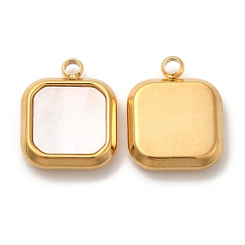 Vacuum Plating 304 Stainless Steel Square Charms, with Shell, Golden