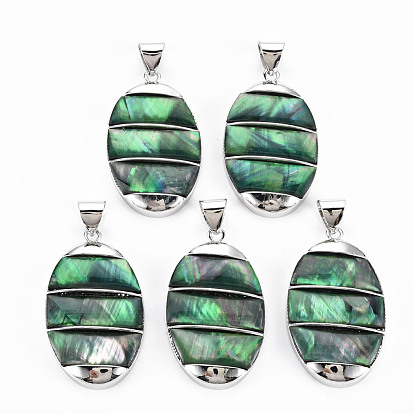 Natural Abalone Shell/Paua Shell Big Pendants, with Platinum Brass Findings, Dyed, Oval