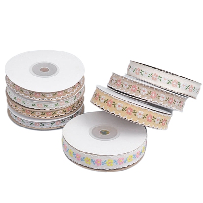 9M Flower Embroidery Polyester Ribbon, for Bowknot Making, Gift Wrapping