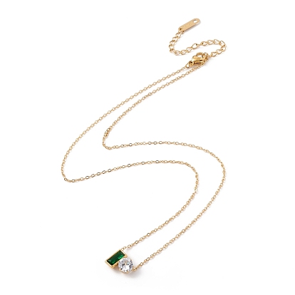 Rectangle & Flat Round Cubic Zirconia Pendant Necklace, Ion Plating(IP) 304 Stainless Steel Jewelry for Women