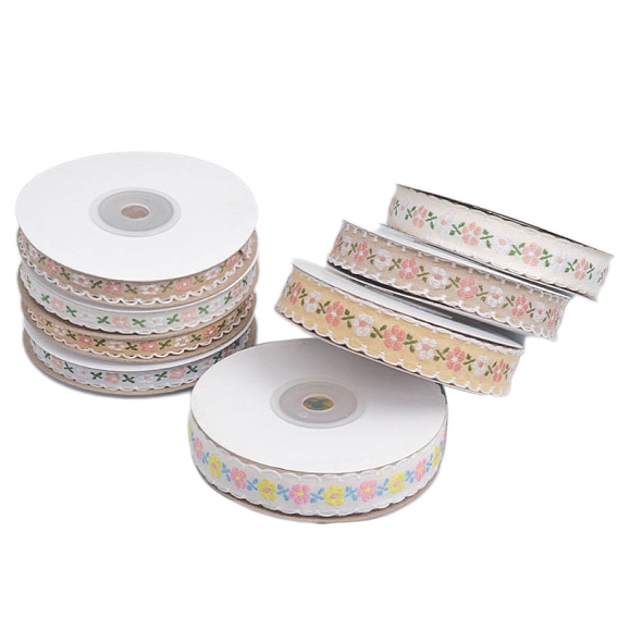 9M Flower Embroidery Polyester Ribbon, for Bowknot Making, Gift Wrapping