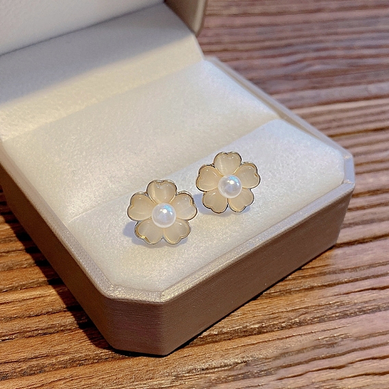 Plastic Imitation Pearl & Resin Stud Earrings, 925 Silver Silver Pin Earrings for Women