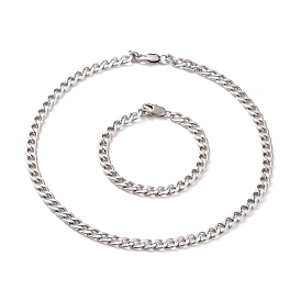 Men's 304 Stainless Steel Cuban Chains Bracelets and Necklaces Jewelry Sets, with Lobster Claw Clasps