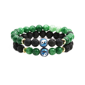 Yin Yang Eight Trigrams Lava Stone Bracelet with Green Flower Beads