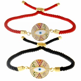 Colorful Devil Eye Bracelet with Copper Plating, Zircon and Shell Adjustable Rope for Women